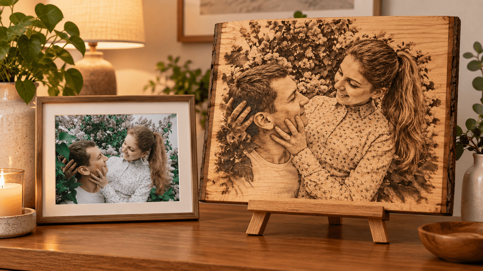 Retrato personalizado sobre madera junto a su fotografía de referencia